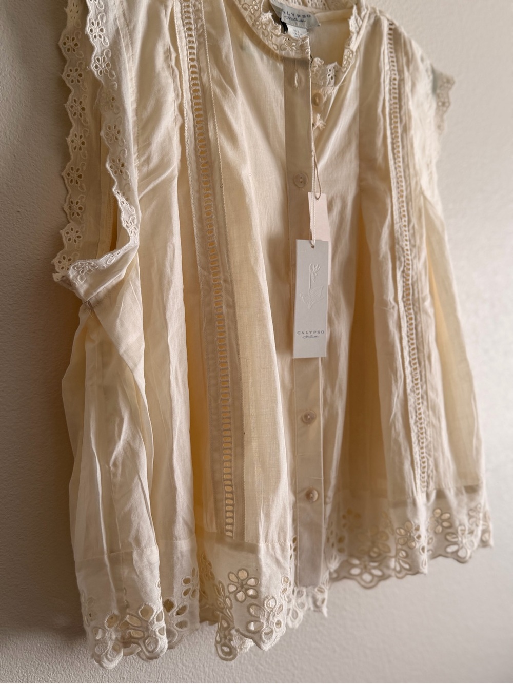 Calypso St. Barth Cream Eyelet Lace-Trim Sleeveless Blouse - Picture 2 of 8